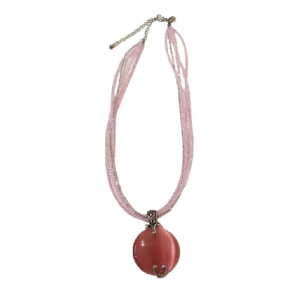 Pink Beaded Statement Necklace W/ Large Pendant